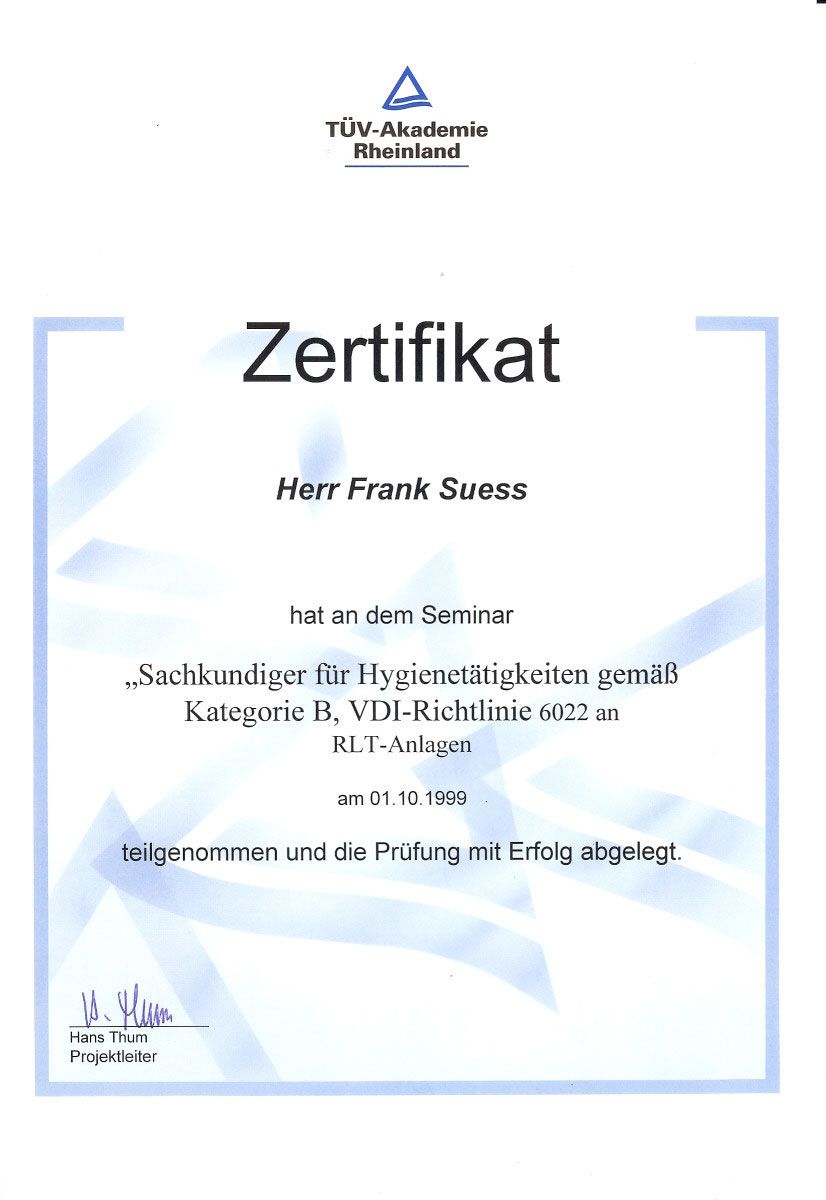 Ein Zertifikat mit dem Namen Frank Saess darauf