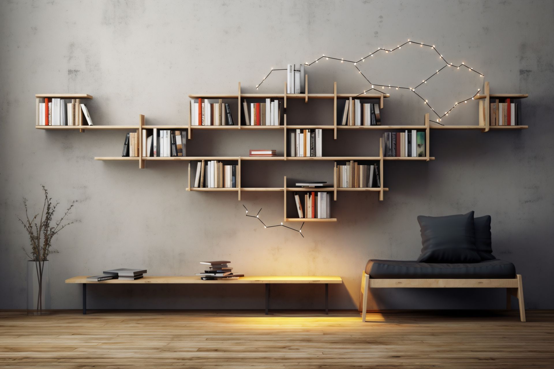 Installation d'une bibliothèque murale sur mesure dans un salon - JBM Bois Services, agencement sur mesure