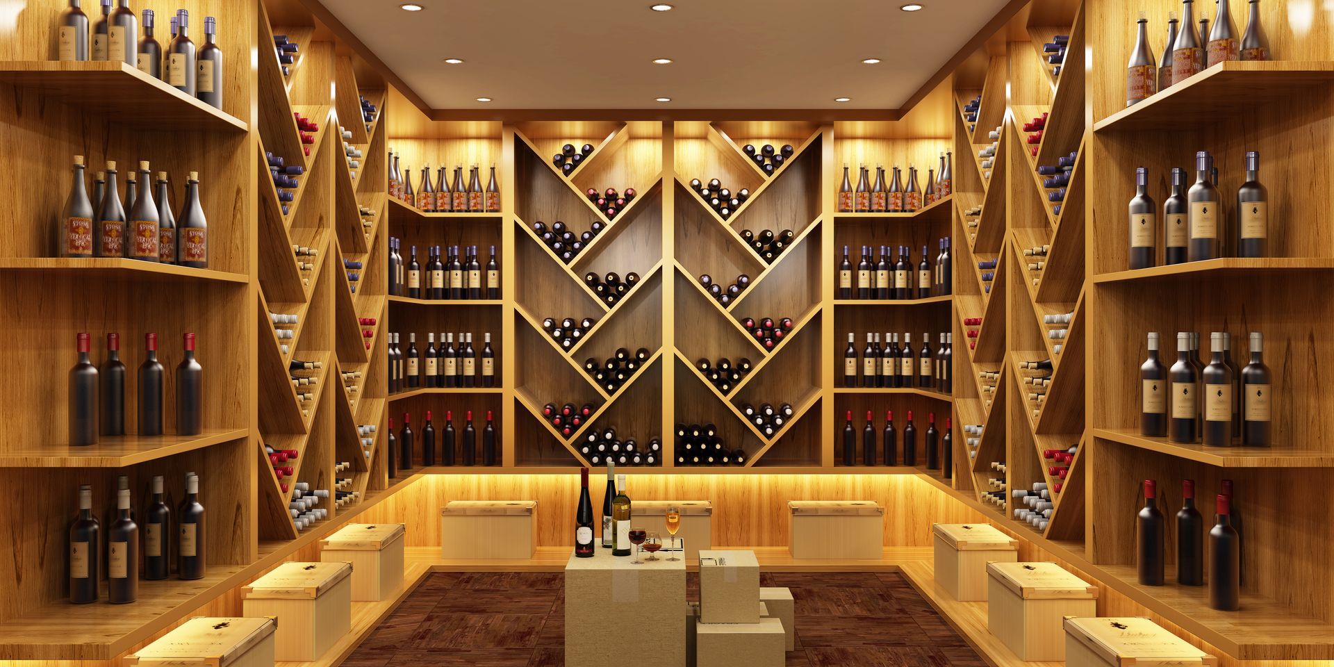 Rayonnages d'une cave à vin remplis de bouteilles