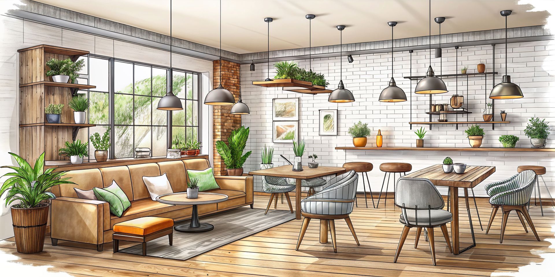 Croquis de l'agencement d'un salon de thé et café - Agencement sur mesure de locaux professionnels