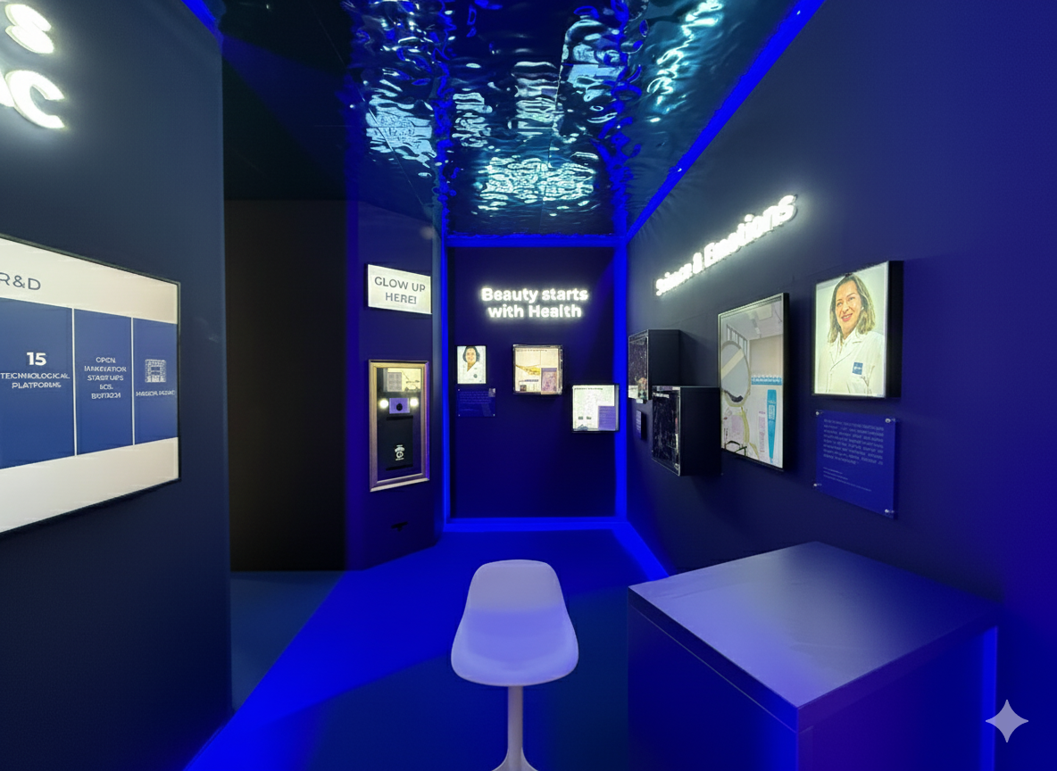 Intérieur bleu foncé avec une personne assise au comptoir. Des panneaux d'affichage et des œuvres d'art ornent les murs.