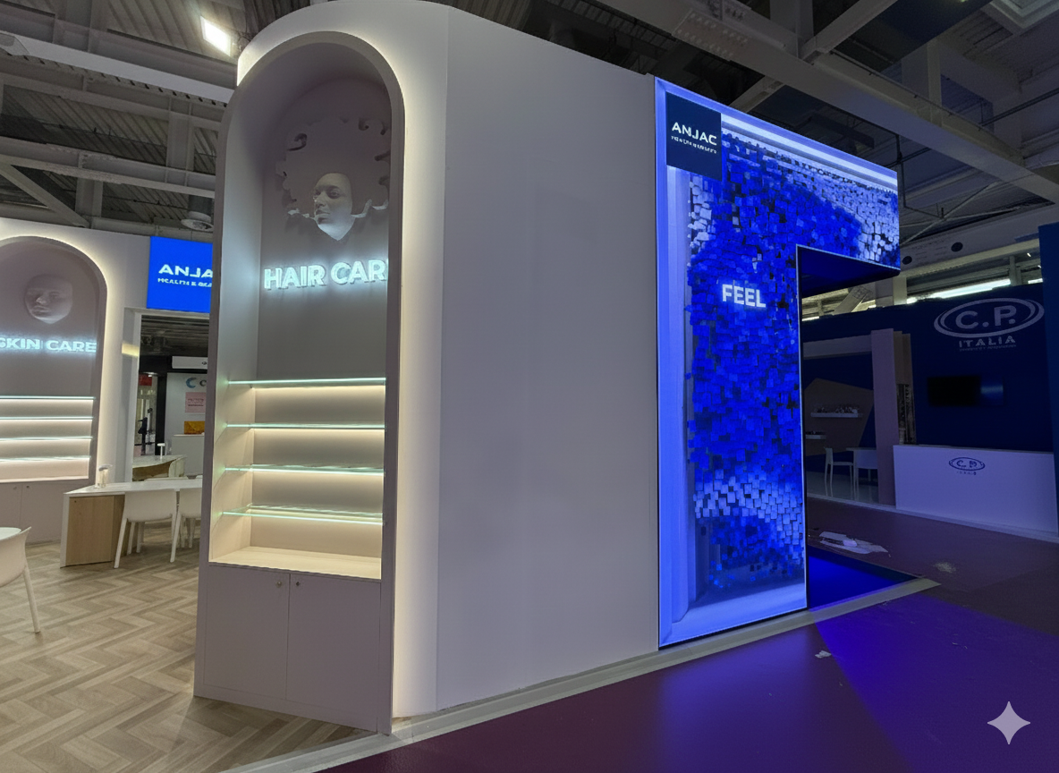 Un stand d'exposition moderne comprenant un présentoir lumineux SOINS CAPILLAIRES  et un écran numérique vertical proéminent à éclairage bleu.