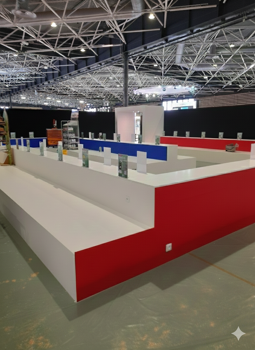 Vue intérieure d'un grand hall d'exposition avec une installation rouge, blanche et bleue partiellement construite.