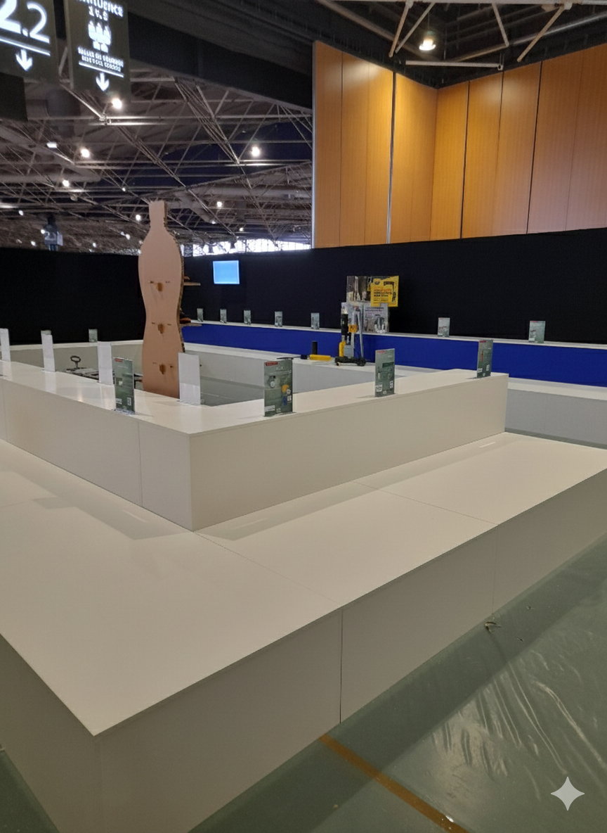 Plateforme blanche avec un robot nettoyeur, un grand écran et divers présentoirs dans un hall d'exposition.