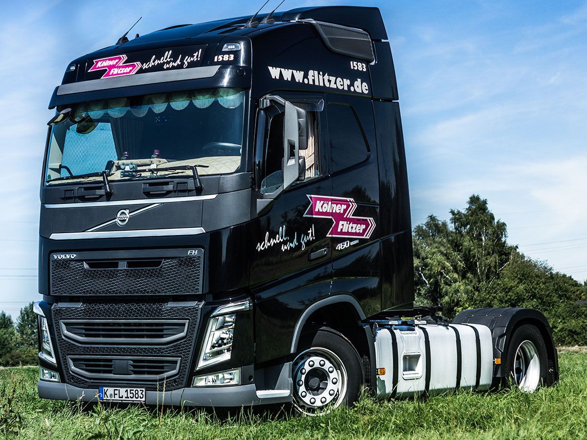 Ein schwarzer Sattelschlepper ist auf einer Wiese geparkt.