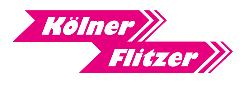 Ein rosa und weißes Logo für Kölner Flitzer auf weißem Hintergrund