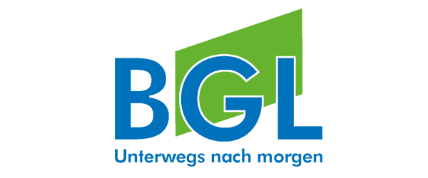 A blue and green logo for bgl unterwegs nach morgen