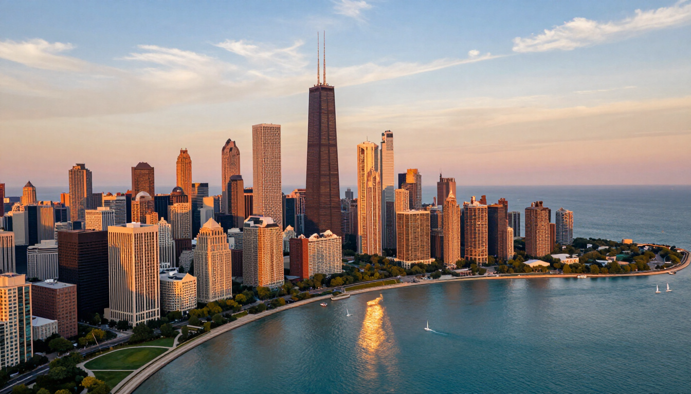 A vibrant view of the Chicago skyline and lakefront during summer.