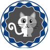 Un gato de dibujos animados está sentado en un círculo azul y blanco.