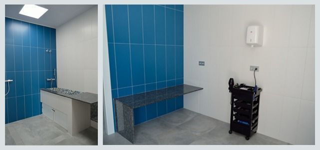 Dos fotografías de un baño con azulejos azules y secador de pelo.