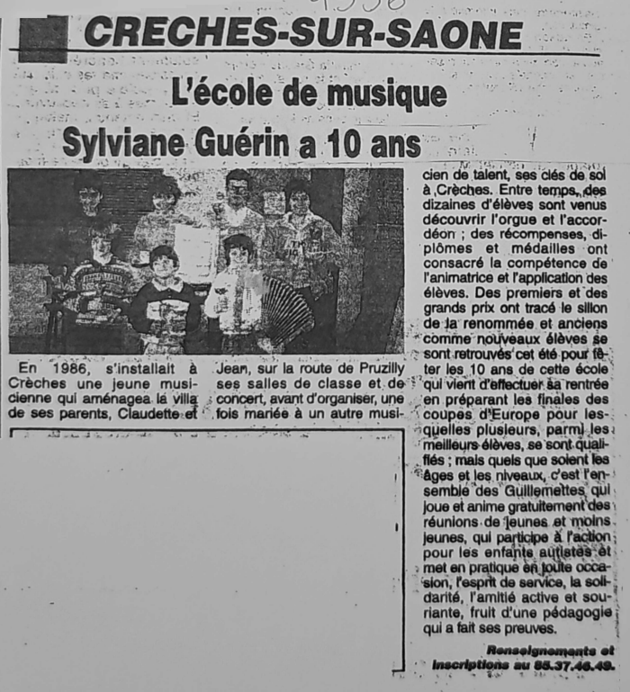 Article : L'école de musique à Crêches-sur-Saône avec un groupe de jeunes et texte sur Sylviane Guérin.