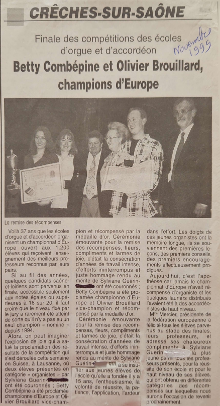 Article de journal annonçant Betty Combépine et Olivier Brouillard champions d'Europe.