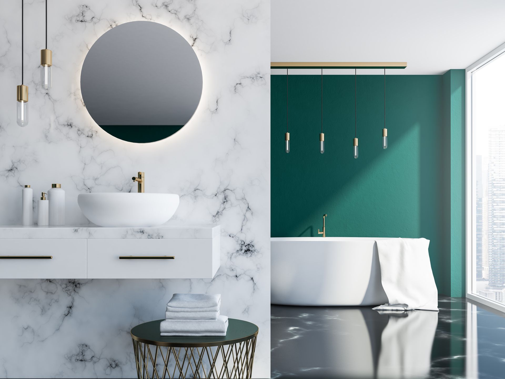Salle de bains avec murs en marbre et verts, miroir rond, lavabo blanc et baignoire.