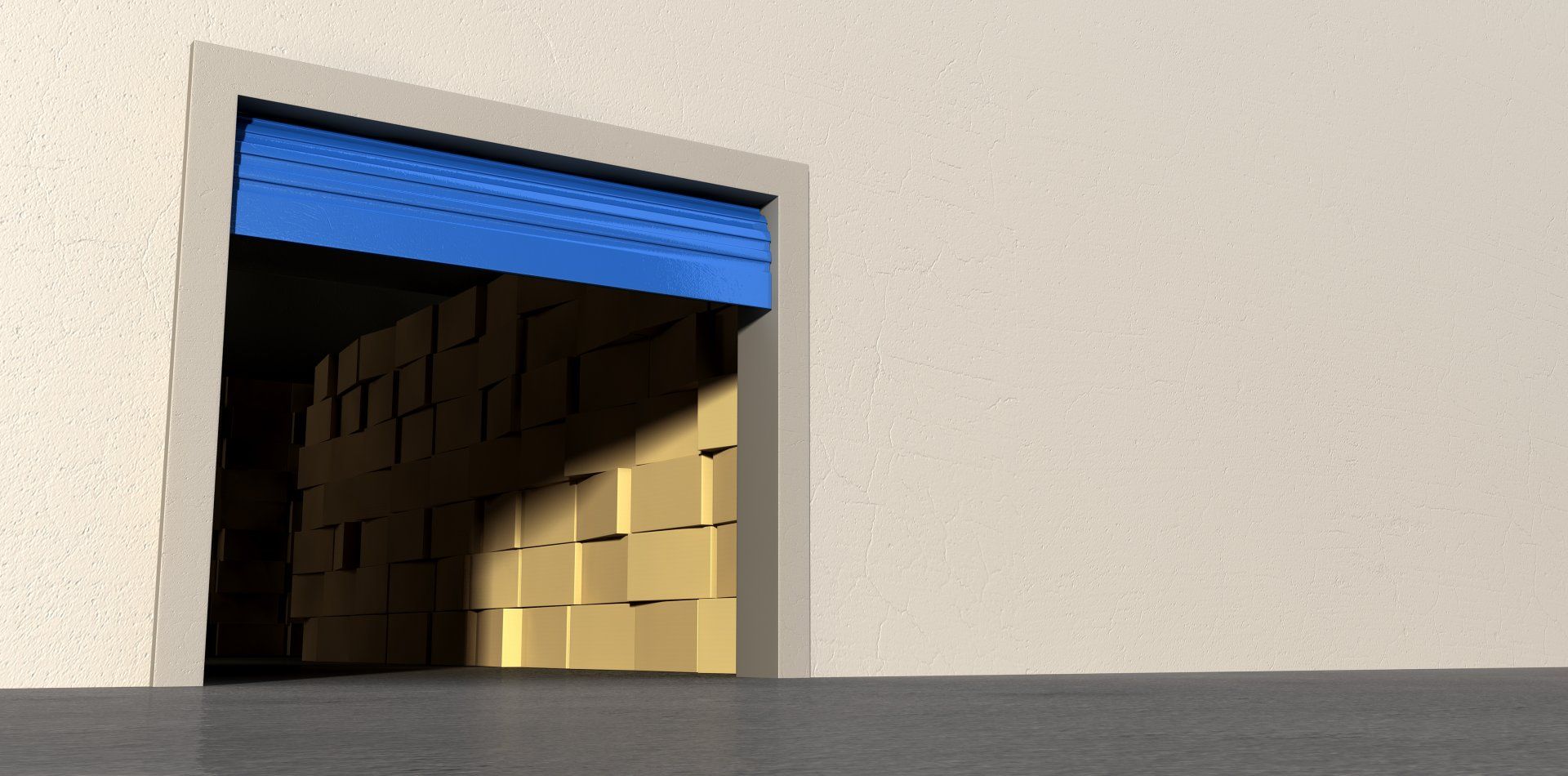 Porte d'entrepôt, volet bleu, cartons empilés à l'intérieur, jeu d'ombres et de lumières.