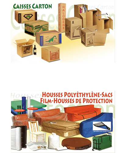 En haut : Boîtes en carton de différentes tailles. En bas : Housses et sacs en polyéthylène pour meubles.