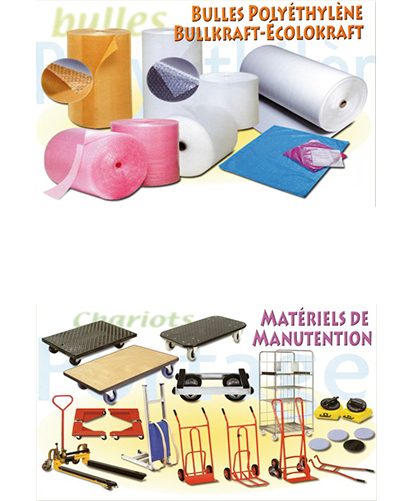 Fournitures d'emballage : rouleaux de film à bulles, papier kraft écologique. Matériel de manutention : diables, transpalettes et une étagère.