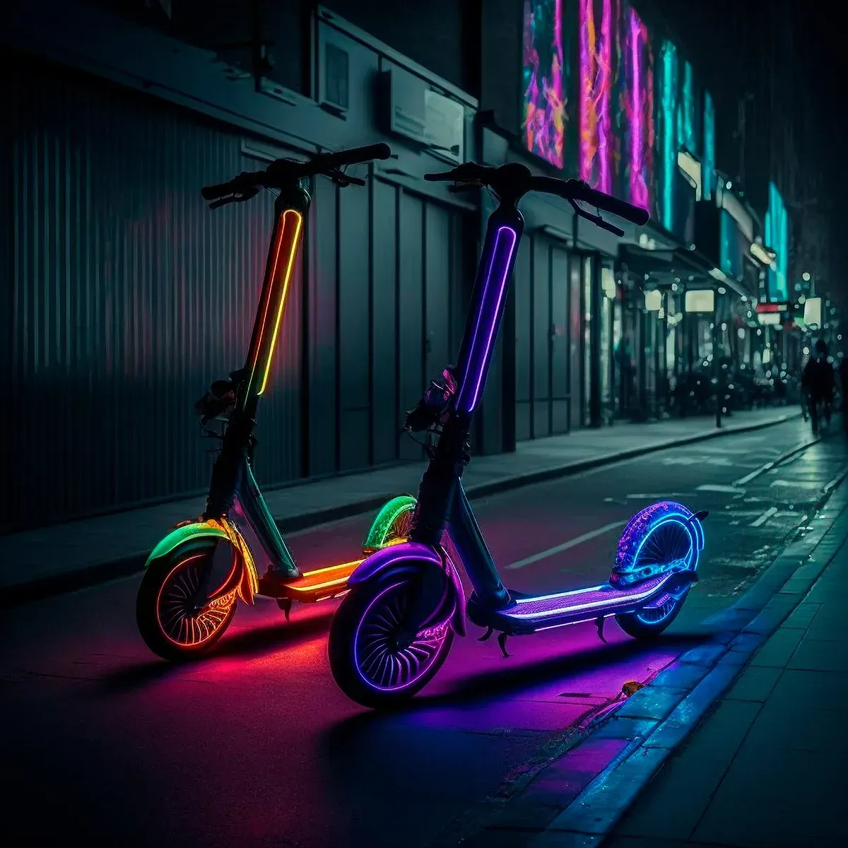 Dos patinetes eléctricos con luces de neón en una calle de noche. Colores brillantes iluminan los vehículos.