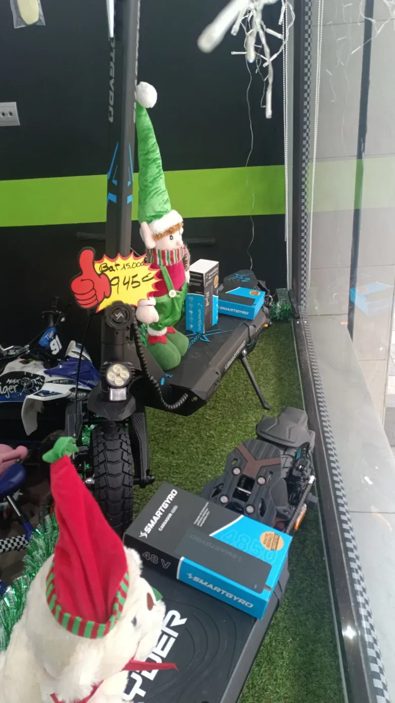 Exhibición navideña con duende, figura de Papá Noel y productos sobre una superficie de césped.