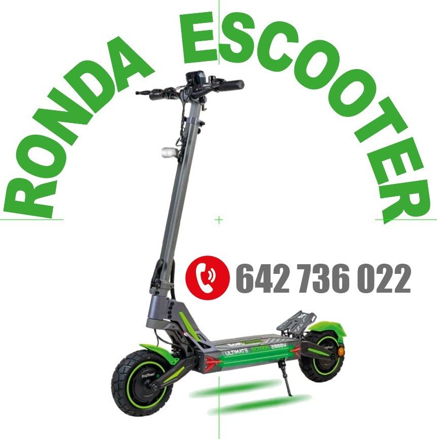 Patinete el&eacute;ctrico Ronda con logo, n&uacute;mero de tel&eacute;fono 642 736 022, color verde y negro.