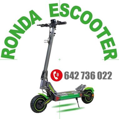 Patinete el&eacute;ctrico Ronda con logo, n&uacute;mero de tel&eacute;fono 642 736 022, color verde y negro.