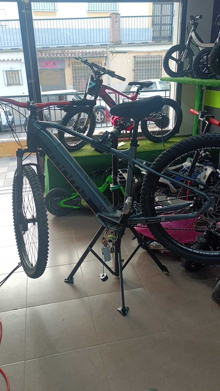 Bicicleta de carretera negra sobre un caballete en una tienda de bicicletas, con otras bicicletas y una ventana al fondo.