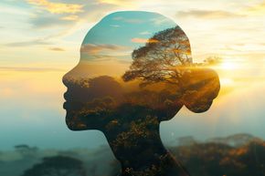 Silueta de la cabeza de una persona con un paisaje de atardecer, árboles y cielo.