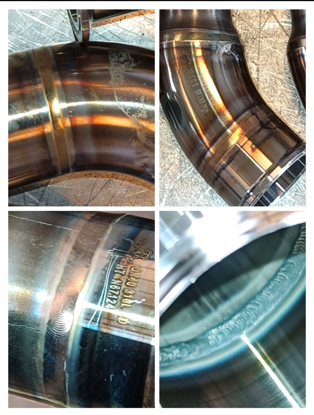 Vistas en primer plano de las juntas de los tubos de escape de acero inoxidable. 