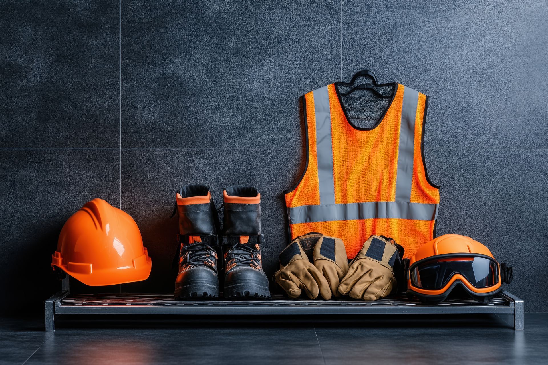 Schutzausrüstung: Schutzhelm, Warnweste, Maske, Handschuhe, Schutzbrille, Gehörschutz und Funkgerät auf Holzoberfläche.