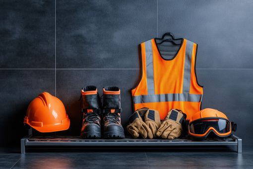 Schutzausrüstung: Schutzhelm, Warnweste, Maske, Handschuhe, Schutzbrille, Gehörschutz und Funkgerät auf Holzoberfläche.
