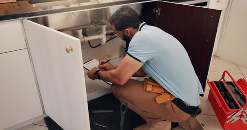Eine Person in einem hellblauen Hemd inspiziert kniend ein Küchenspülbecken und schreibt dabei auf einem Klemmbrett.