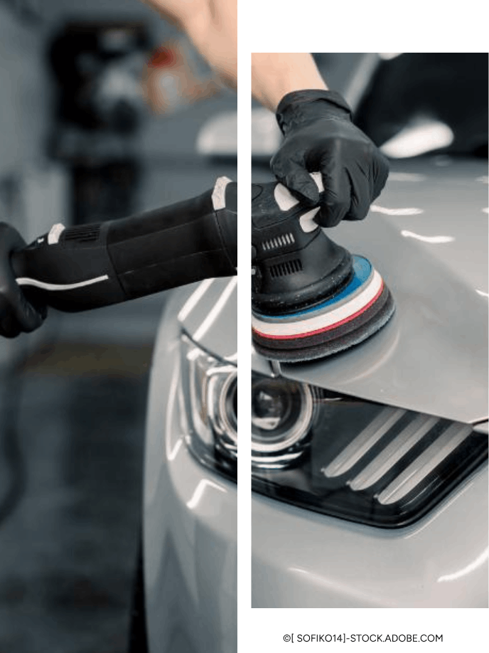 Eine Person poliert ein Auto mit einer Maschine.