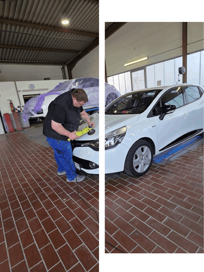 Ein Mann poliert in einer Garage ein weißes Auto.