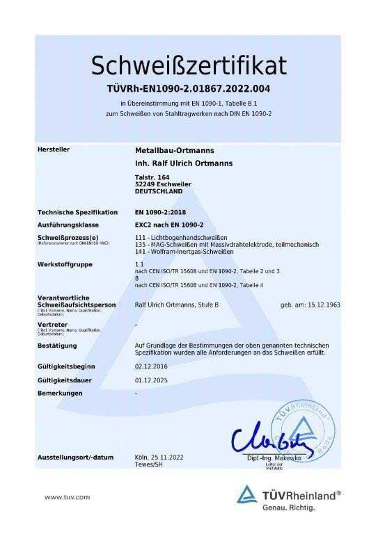 Ein Zertifikat mit der Aufschrift Schweißzertifikat