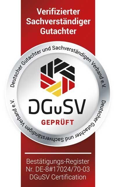 A badge that says verifiierter sachverstandiger gutachter on it