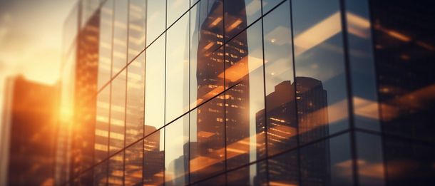 Eine Fensterfassade eines Bürogebäudes, welches sich einfach mit den Reinigungsgeräten von topline trading reinigen lässt. 