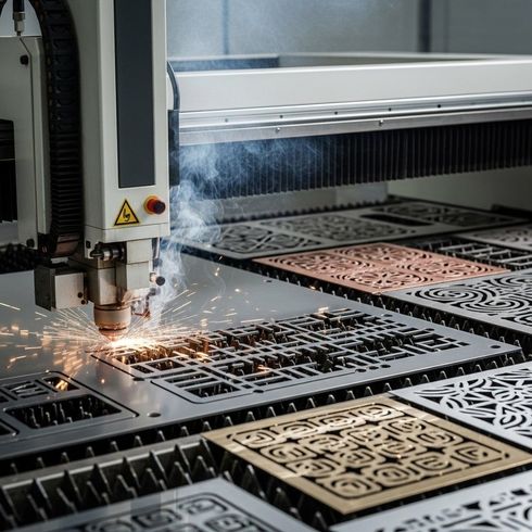 Una máquina está cortando un trozo de metal en una fábrica.