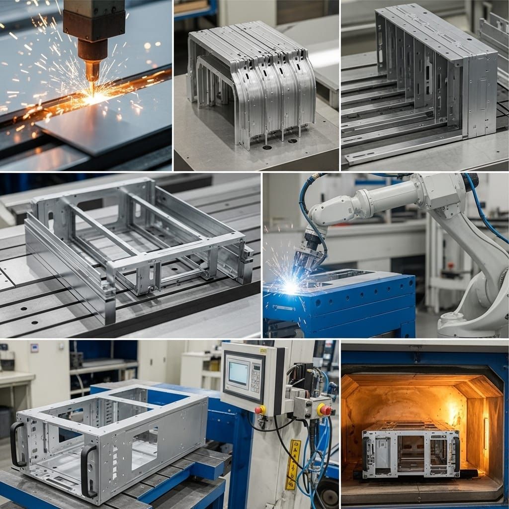 Un collage de imágenes de una máquina cortando un trozo de metal.