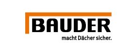 Bauder logo: Black text with orange square-L, tagline 