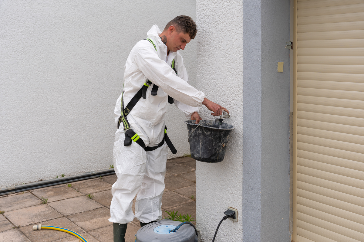 Un artisan qui rempli un seau d'eau