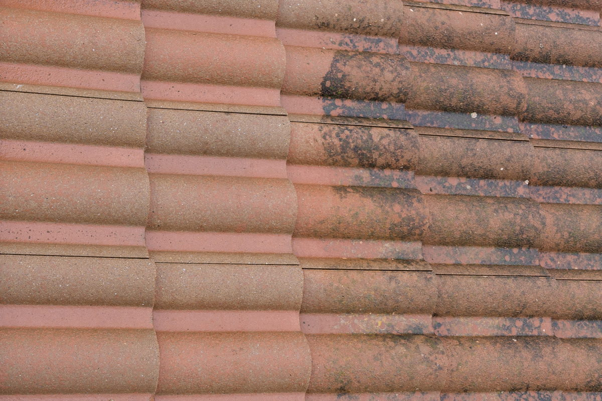 Une toiture avec des tuiles sales