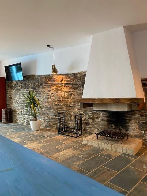 Chimenea y pared de piedra en una sala de estar rústica, con suelo de baldosas, una planta en maceta y un televisor.