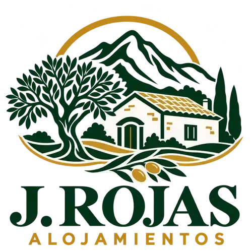 Logotipo para J. Rojas Alojamentos con una casa verde, un &aacute;rbol, monta&ntilde;as y detalles dorados