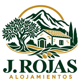 Logotipo para J. Rojas Alojamentos con una casa verde, un &aacute;rbol, monta&ntilde;as y detalles dorados