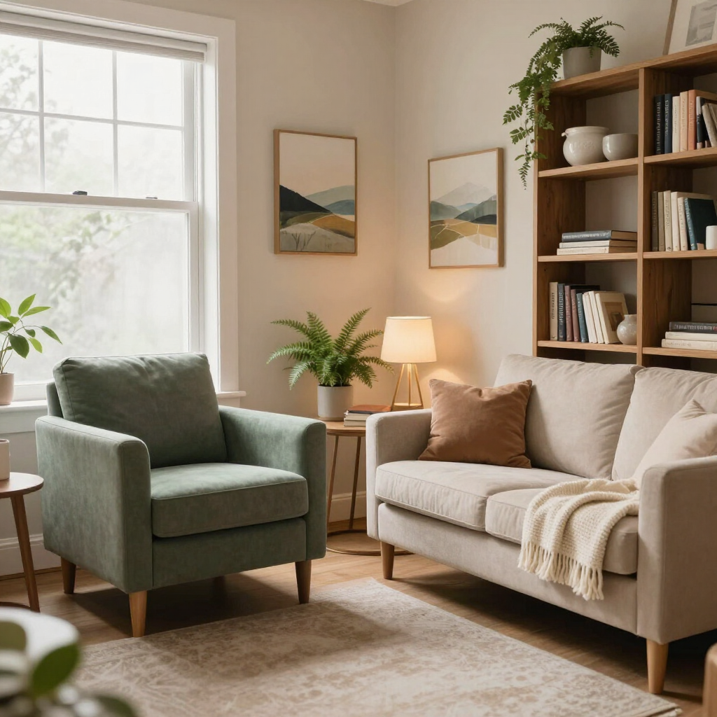 Acogedora sala de estar con un sillón verde, un sofá beige, una lámpara, plantas y un cuadro junto a una ventana luminosa.