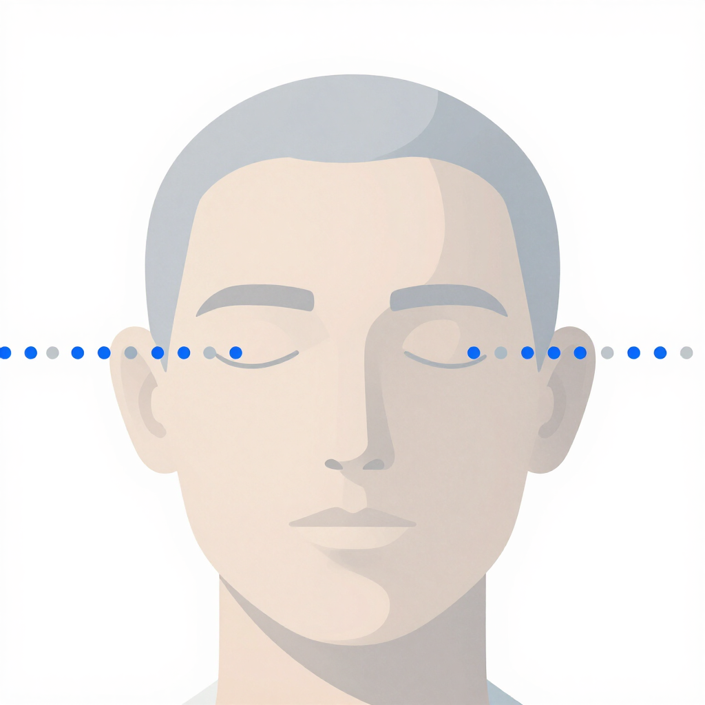 Silueta gris de frente con una línea de puntos azules sobre los ojos sobre un fondo blanco.