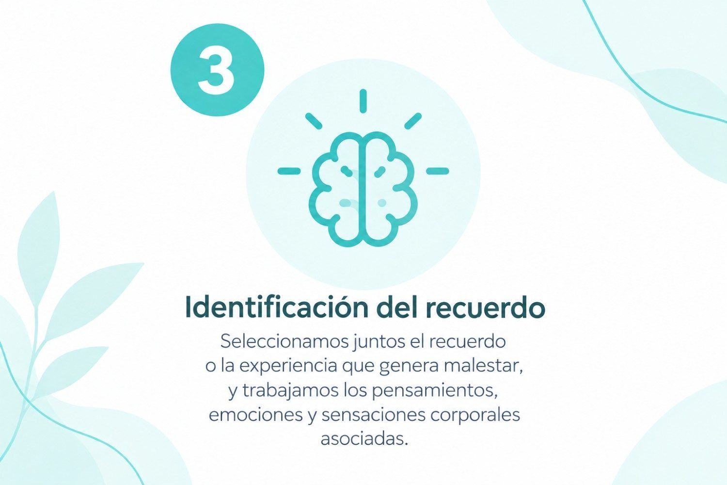 Paso 3 “Identificación del recuerdo” con ícono de cerebro en fondo blanco y turquesa.