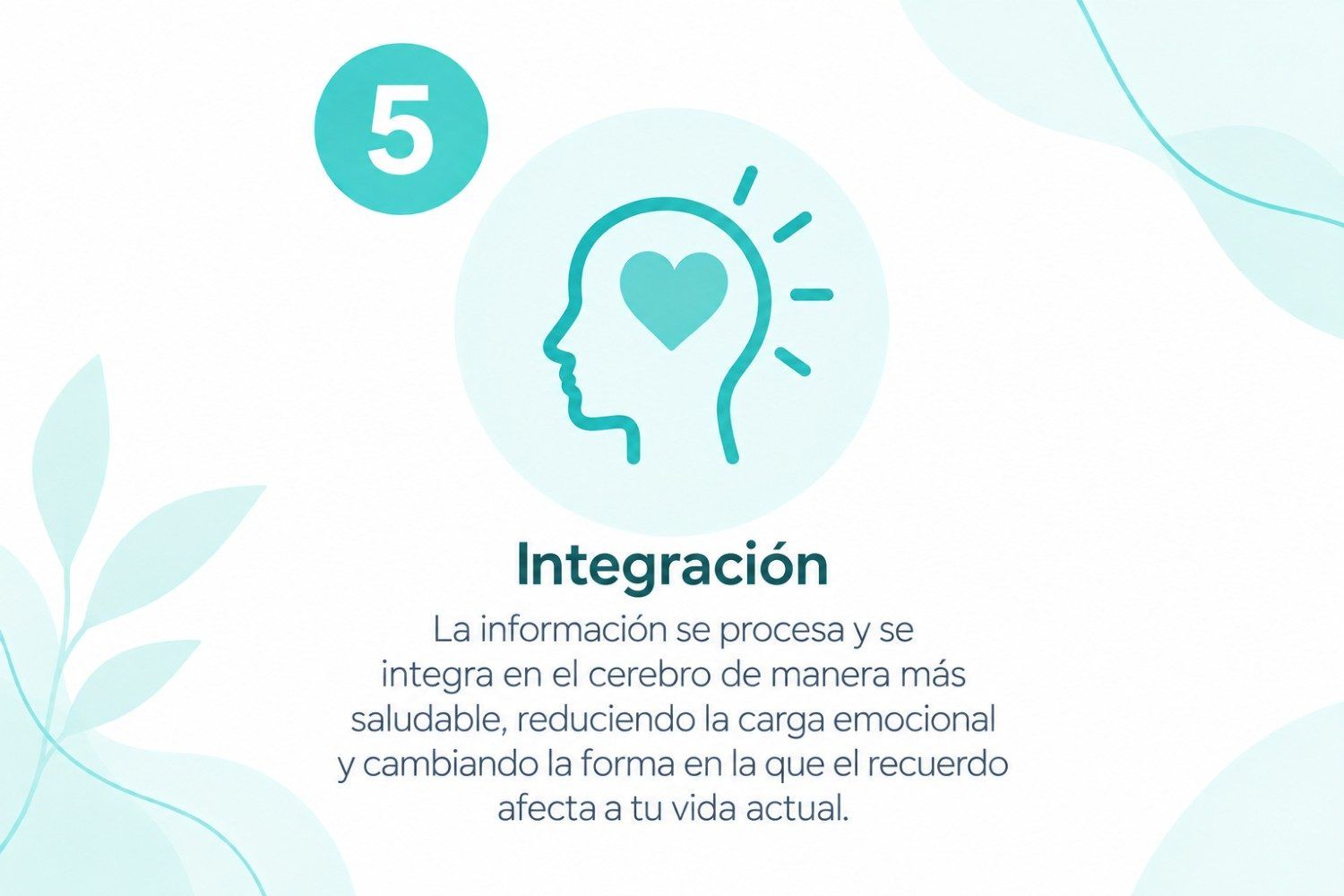 Diapositiva 5 sobre integración, con icono de cabeza y corazón en tonos turquesa y texto explicativo en fondo blanco.
