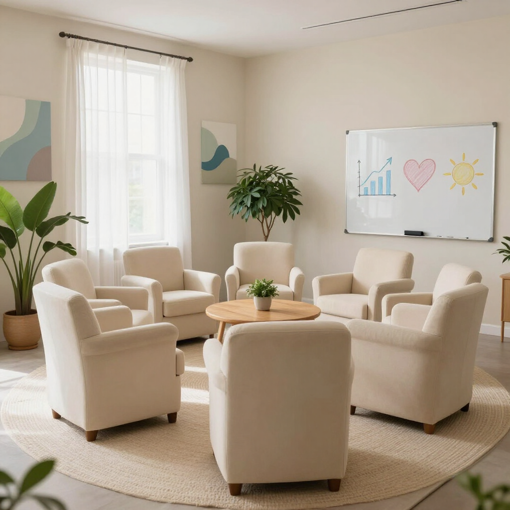 Salón luminoso con sillones color crema alrededor de una mesa redonda, una pizarra blanca y luz natural suave.
