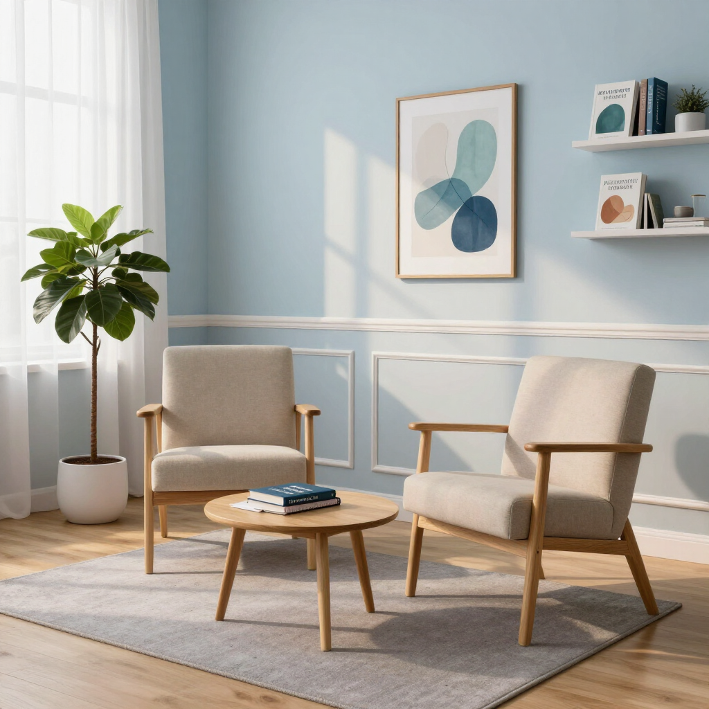 Sala de estar minimalista y luminosa con dos sillas beige, mesa de centro redonda, alfombra, planta y cuadro.