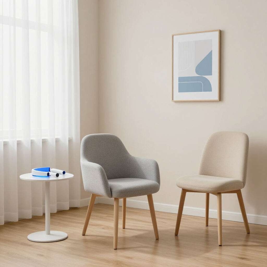 Habitación minimalista con dos sillas tapizadas, una pequeña mesa blanca y cuadros enmarcados junto a una ventana soleada.